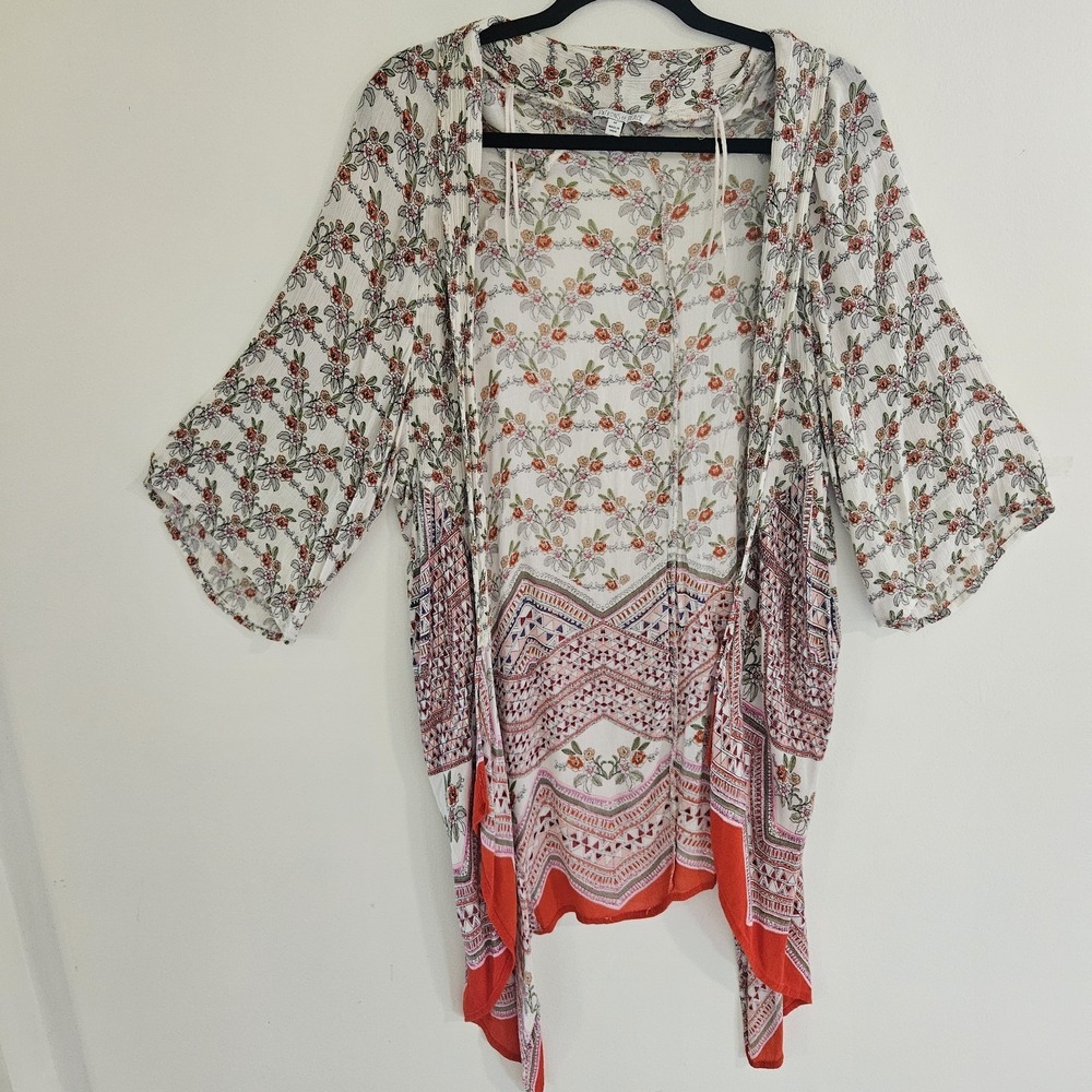 Patrons of Peace Womens Medium Red White Floral Kimono Cardigan Duster Boho Chic